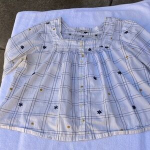 Madewell Girls White Plaid Button-Front Top with Navy & Gold flowers .